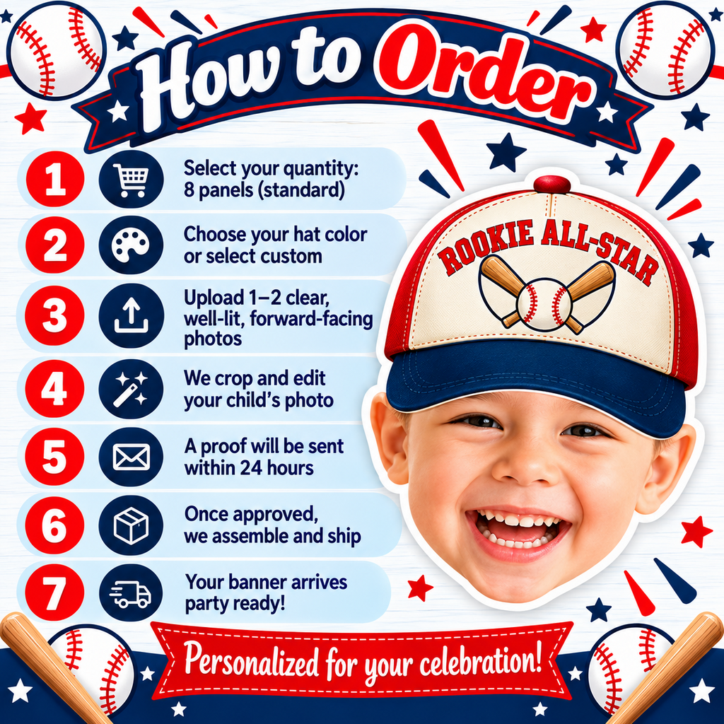 Personalized Rookie All Star baseball photo banner in green displayed above a baseball birthday cake and dessert table