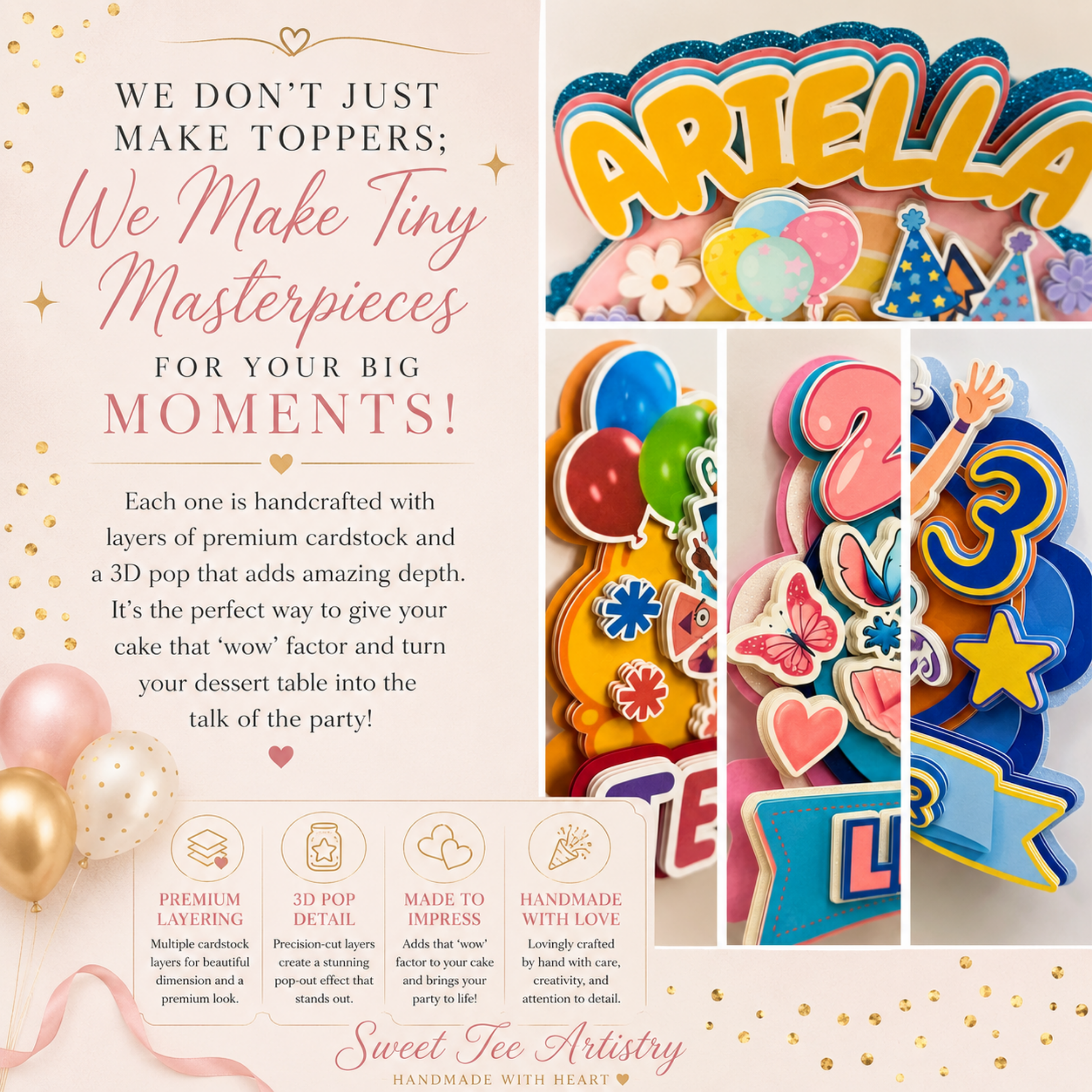 Close up detail of custom layered cardstock cake toppers showing premium 3D construction, dimensional layering, handcrafted birthday cake decorations, custom personalized toppers made by Sweet Tee Artistry.
