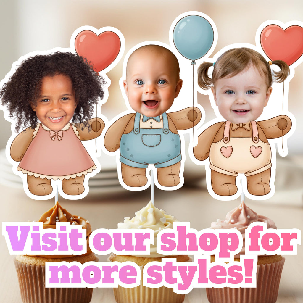 Three children's figurines on cupcakes with text 'Visit our shop for more styles!'