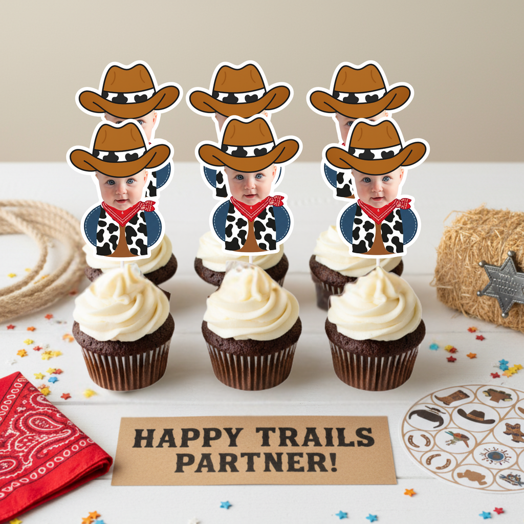 Cowboy baby photo cupcake toppers displayed above “Happy Trails Partner” western party sign with bandana, rope, and hay bale accents. Personalized child face cupcake decorations ideal for wild west birthday parties, rodeo themed first birthdays, barnyard celebrations, and country western dessert tables. Custom photo toppers designed for cohesive cowboy party décor.