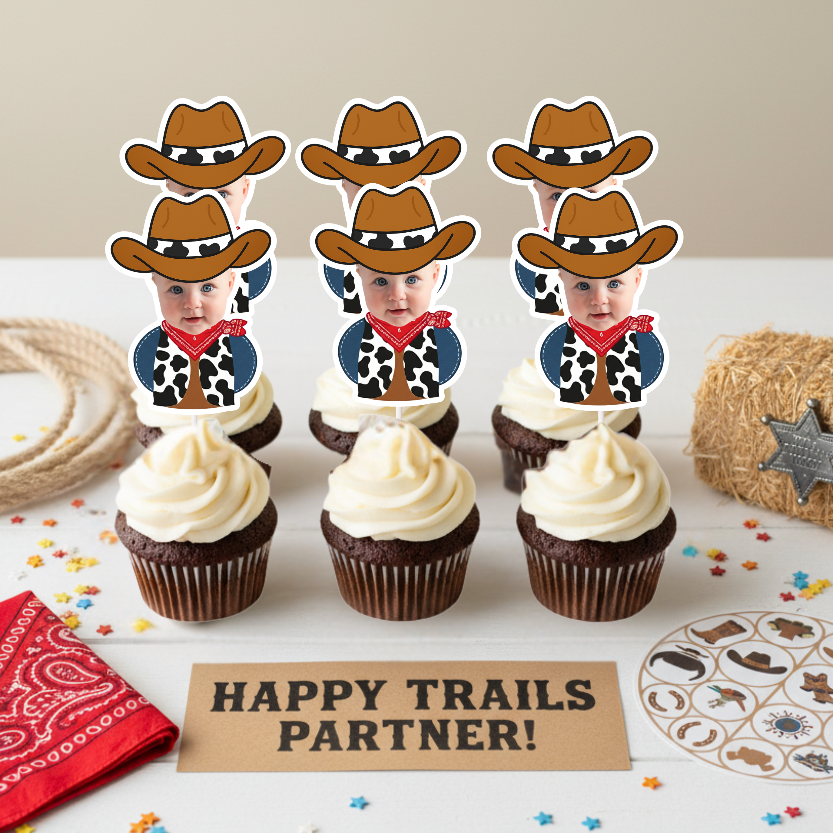 Cowboy baby photo cupcake toppers displayed above “Happy Trails Partner” western party sign with bandana, rope, and hay bale accents. Personalized child face cupcake decorations ideal for wild west birthday parties, rodeo themed first birthdays, barnyard celebrations, and country western dessert tables. Custom photo toppers designed for cohesive cowboy party décor.
