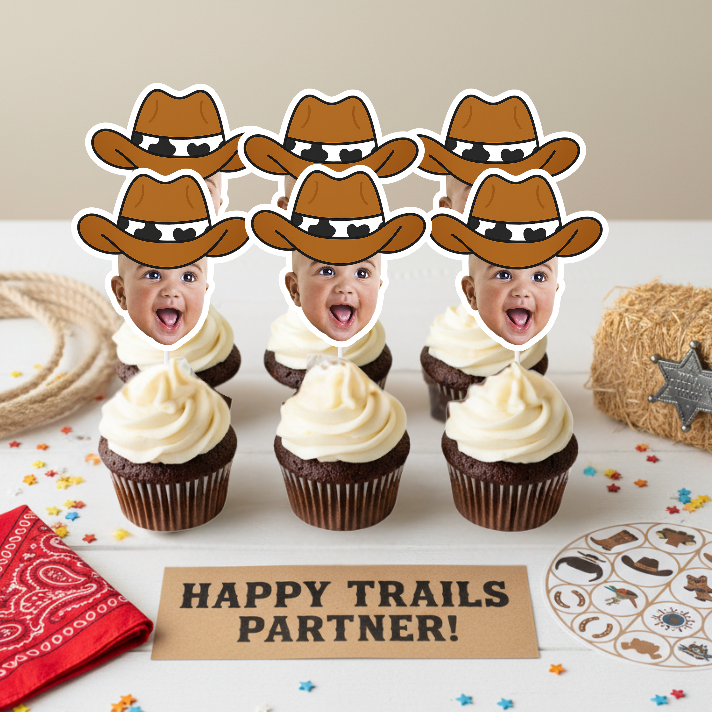 Cowboy themed cupcake display featuring personalized baby face toppers wearing brown cowboy hats arranged above “Happy Trails Partner” sign with bandana, rope, and hay bale accents. Ideal for wild west birthday parties, rodeo baby showers, and cowboy first birthday celebrations. Custom photo cupcake decorations for western dessert tables.