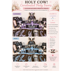 Holy Cow baby shower decorations bundle shown in pink, lavender, and blue color variations with coordinated party favors and custom matching baby shower decor.