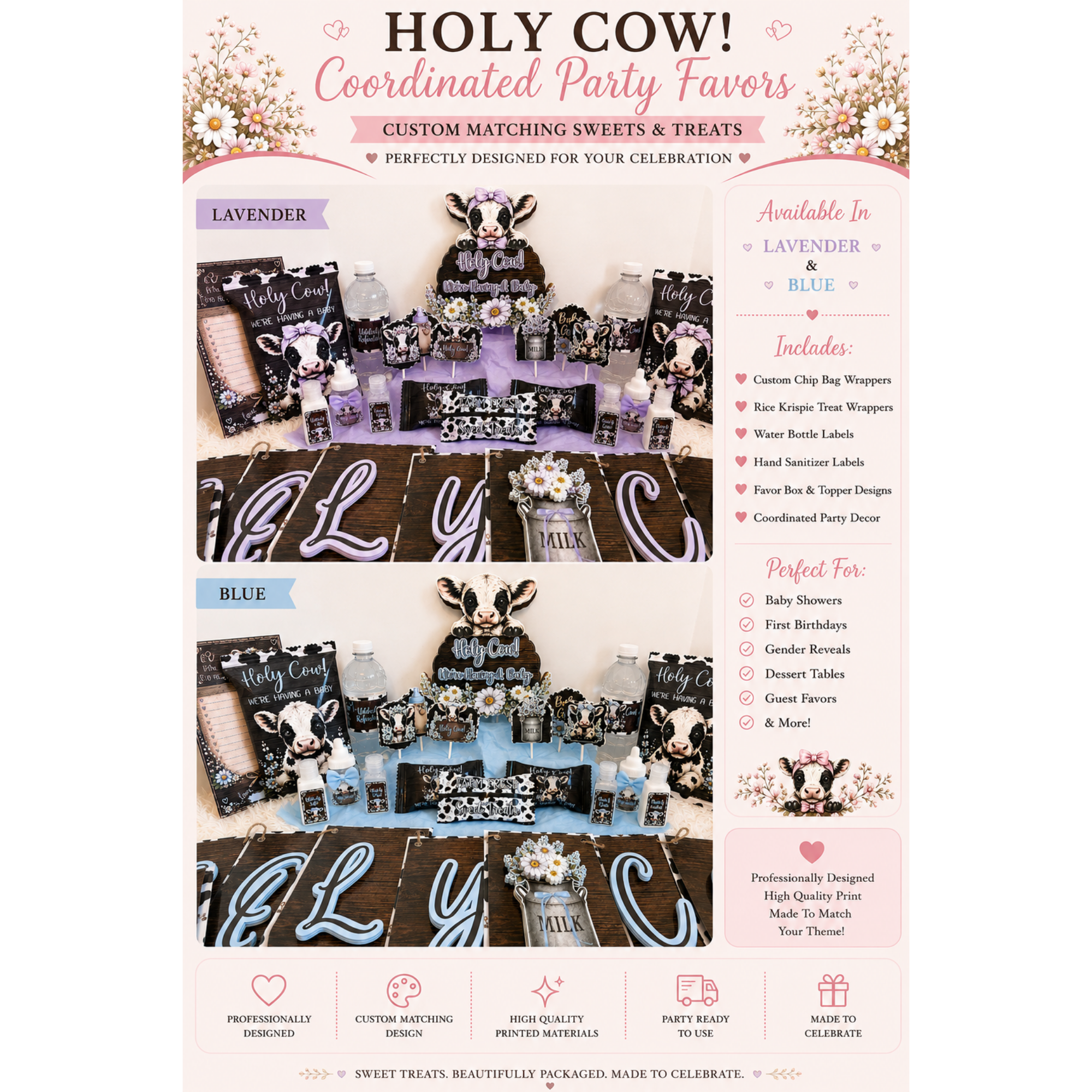Holy Cow baby shower decorations bundle shown in pink, lavender, and blue color variations with coordinated party favors and custom matching baby shower decor.