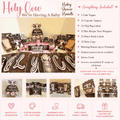 Complete Holy Cow baby shower bundle featuring coordinated cow theme party decorations including banner, cake topper, cupcake toppers, favors, water bottle labels, and matching baby shower decor.