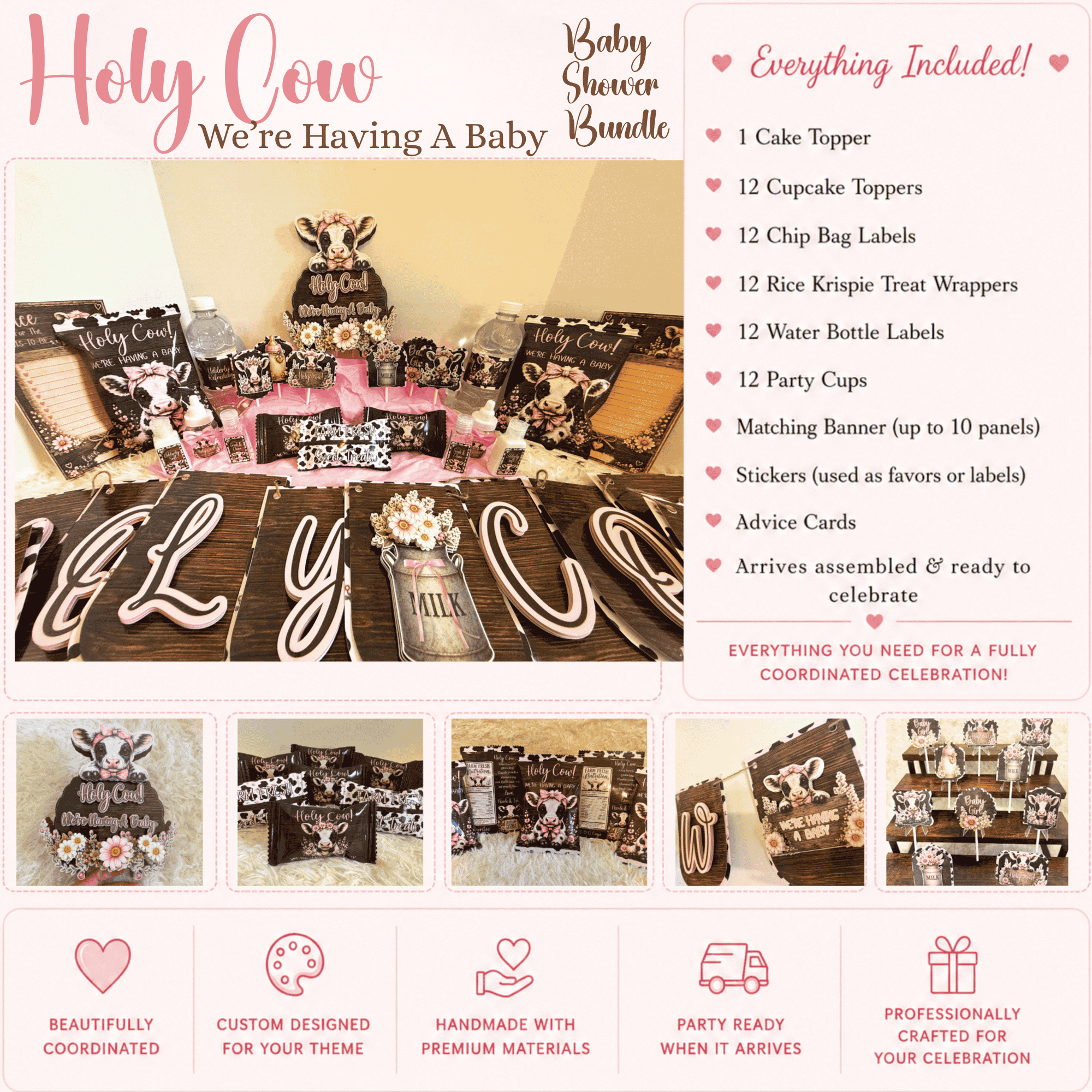 Complete Holy Cow baby shower bundle featuring coordinated cow theme party decorations including banner, cake topper, cupcake toppers, favors, water bottle labels, and matching baby shower decor.