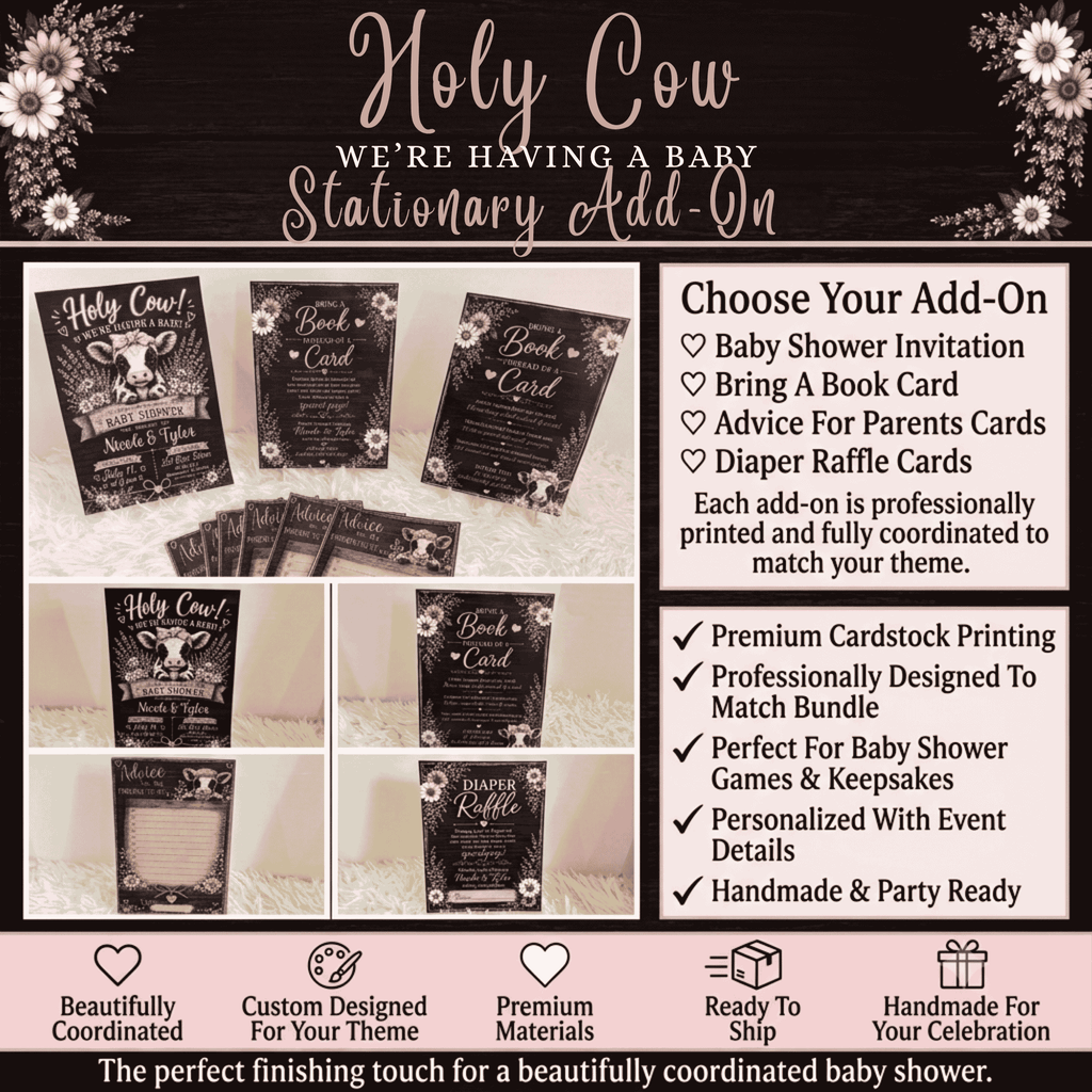 Holy Cow baby shower stationery set including invitation cards, diaper raffle cards, advice cards, and bring a book cards designed to match cow themed baby shower decorations.