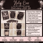 Holy Cow baby shower stationery set including invitation cards, diaper raffle cards, advice cards, and bring a book cards designed to match cow themed baby shower decorations.
