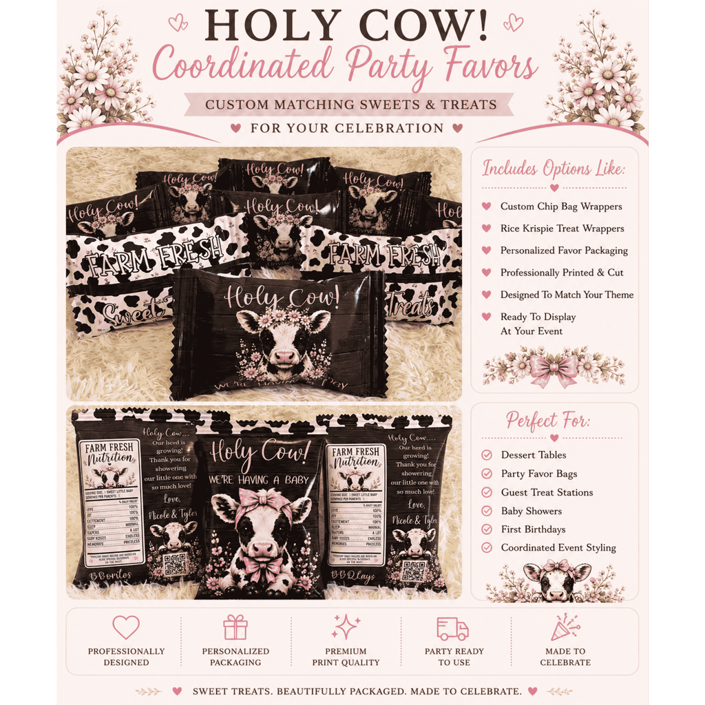 Custom Holy Cow baby shower favor wrappers including personalized chip bags and rice krispie treat wrappers designed to match rustic cow themed baby shower decorations.