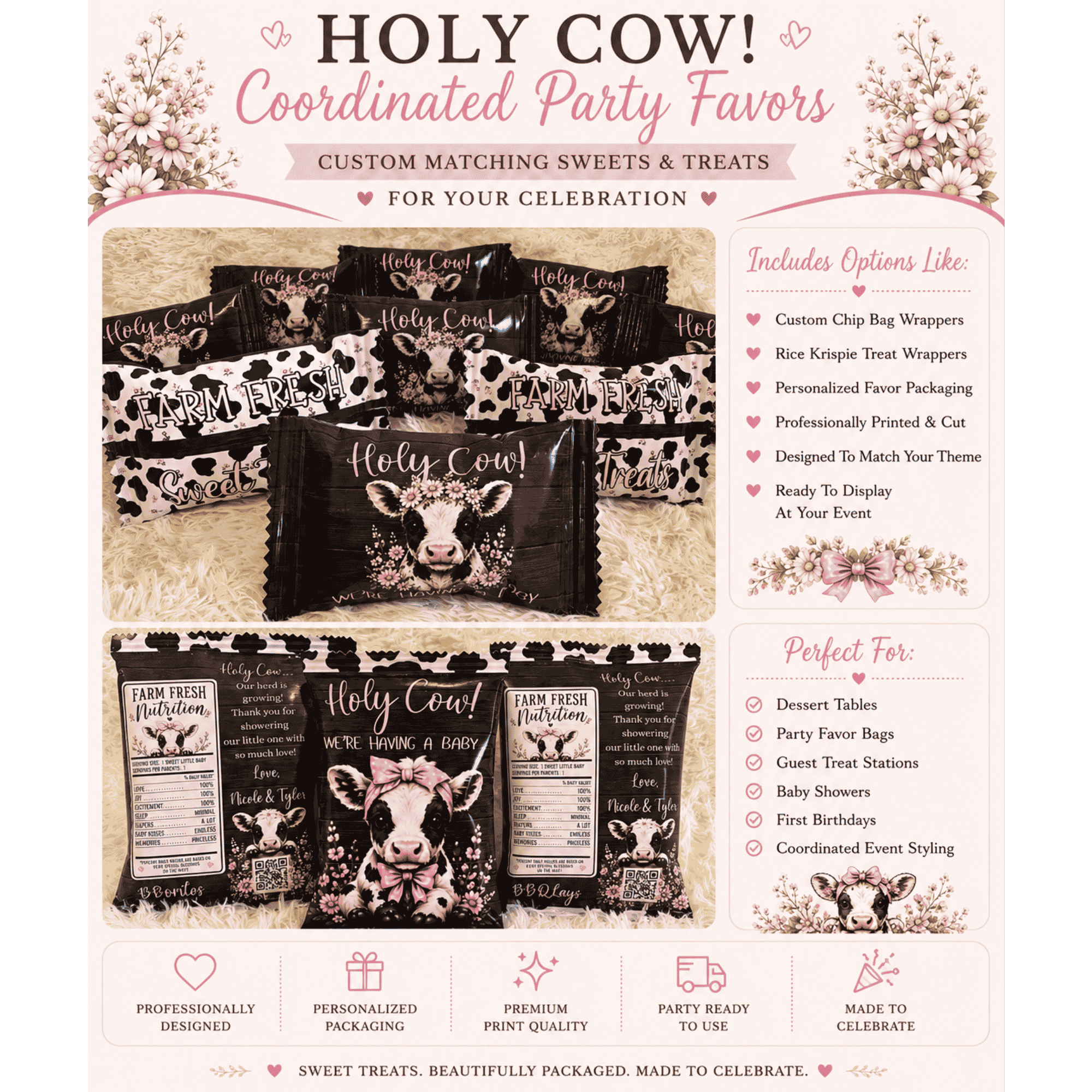 Custom Holy Cow baby shower favor wrappers including personalized chip bags and rice krispie treat wrappers designed to match rustic cow themed baby shower decorations.