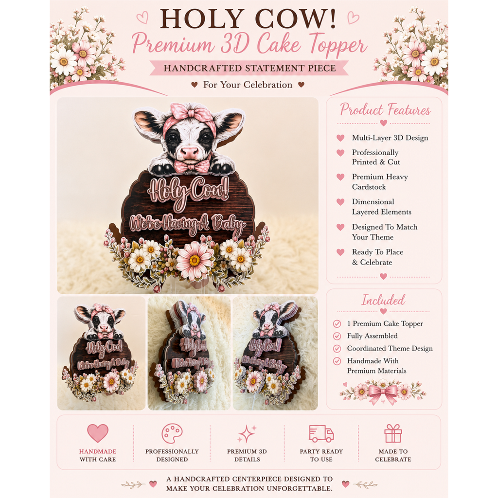 Handmade Holy Cow baby shower cake topper featuring layered 3D cardstock design with rustic wood background, floral details, and adorable baby cow centerpiece.