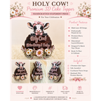 Handmade Holy Cow baby shower cake topper featuring layered 3D cardstock design with rustic wood background, floral details, and adorable baby cow centerpiece.