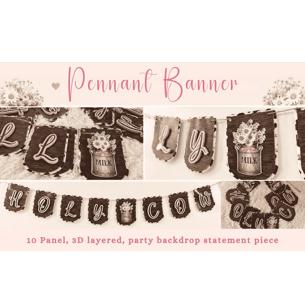 Custom Holy Cow baby shower banner featuring layered cardstock panels, rustic wood design, floral milk can details, and premium farmhouse style baby shower decor.