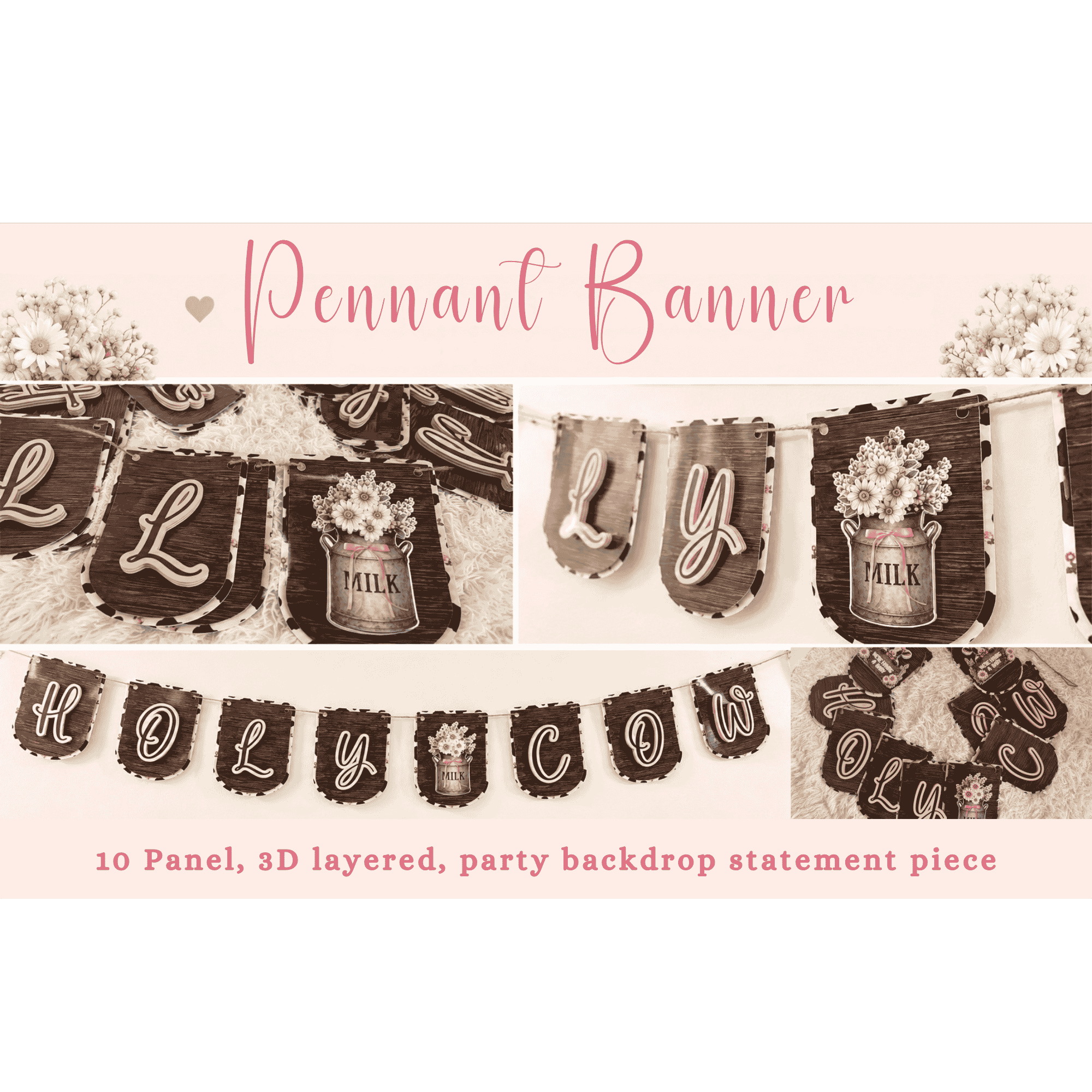 Custom Holy Cow baby shower banner featuring layered cardstock panels, rustic wood design, floral milk can details, and premium farmhouse style baby shower decor.