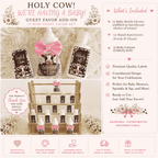 Holy Cow baby shower guest favor set including mini hand sanitizers, lotion bottles, and baby bottle themed party favors with custom matching labels.