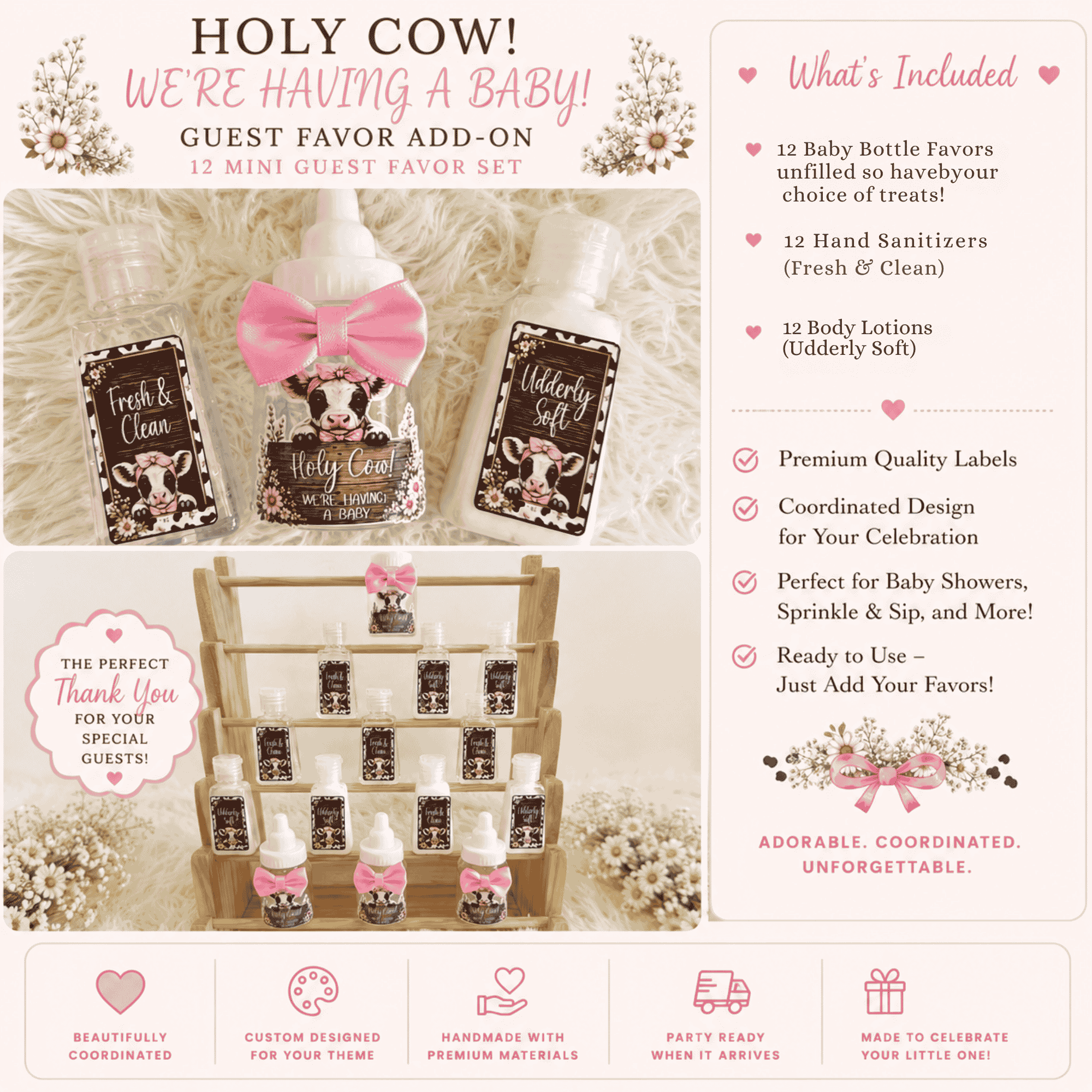 Holy Cow baby shower guest favor set including mini hand sanitizers, lotion bottles, and baby bottle themed party favors with custom matching labels.