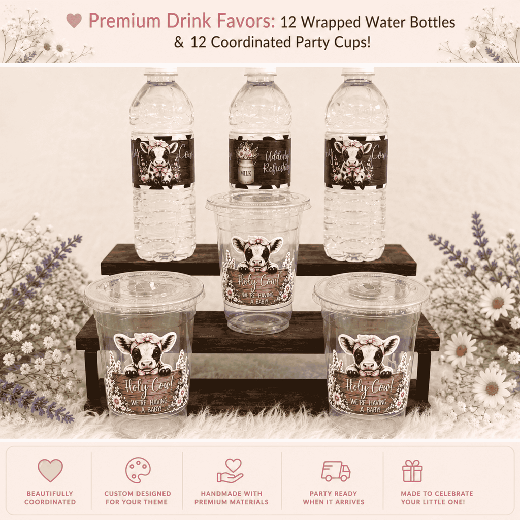 Custom Holy Cow baby shower drink favors featuring personalized water bottle labels and matching party cups designed for a coordinated baby shower celebration.