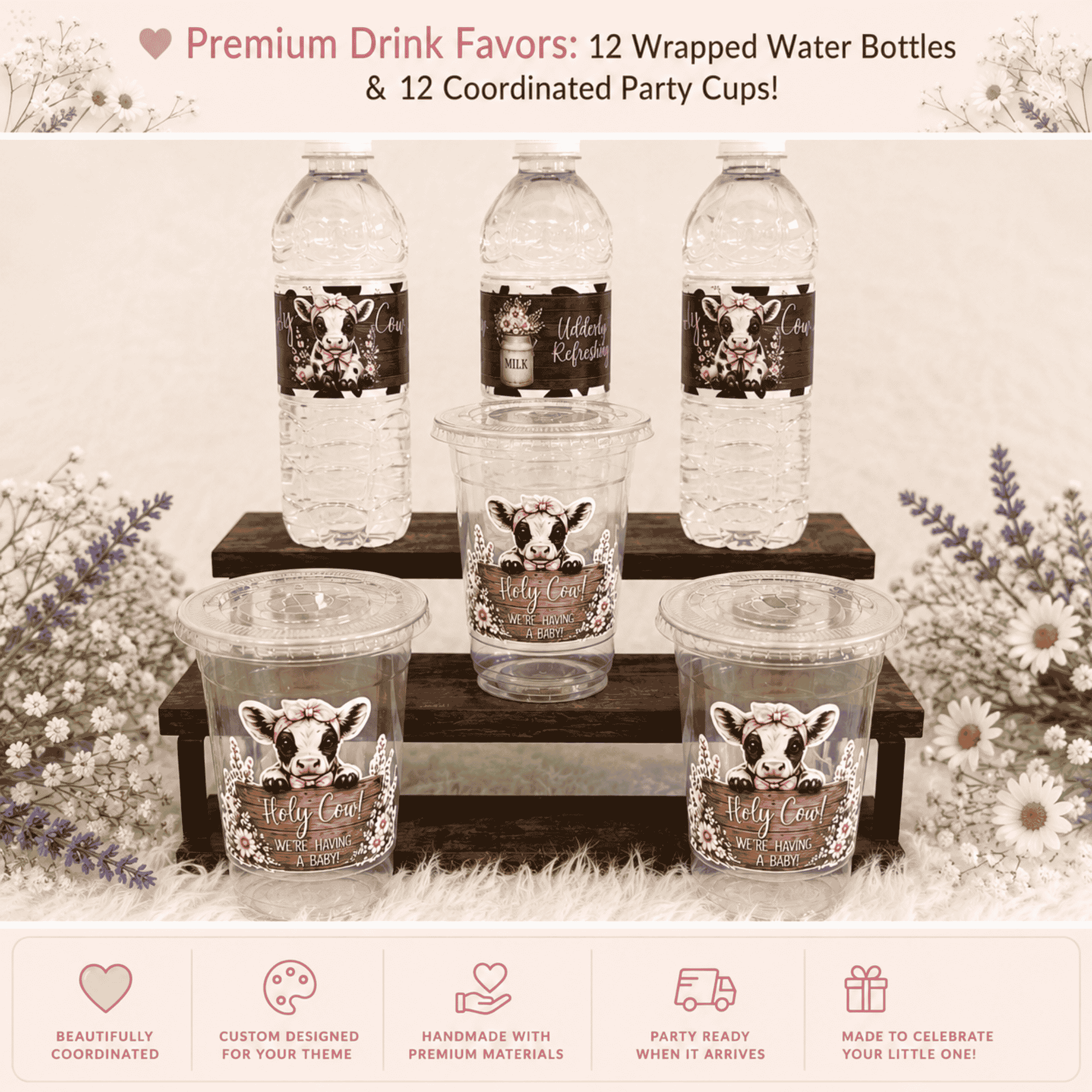Custom Holy Cow baby shower drink favors featuring personalized water bottle labels and matching party cups designed for a coordinated baby shower celebration.