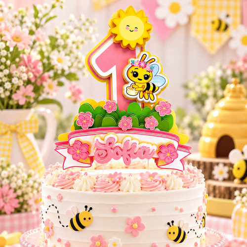 Honey bee birthday cake topper on a decorated cake with daisies flowers pastel pink accents and personalized first birthday design