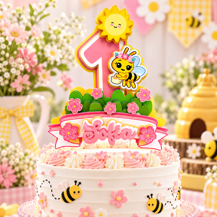 Honey bee birthday cake topper on a decorated cake with daisies flowers pastel pink accents and personalized first birthday design