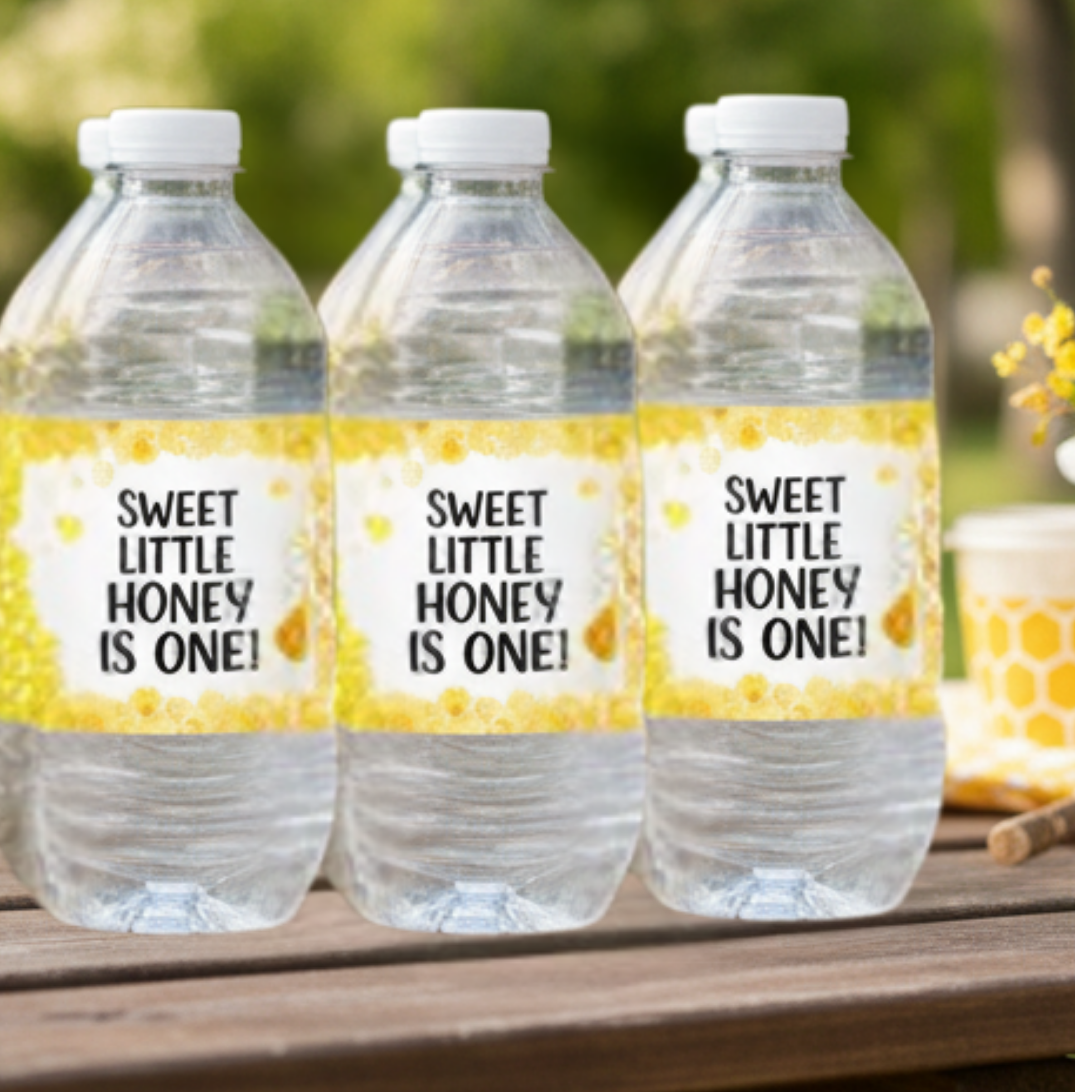 Three water bottles with personalized labels on a wooden surface outdoors.
