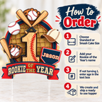 How to order Rookie of the Year baseball cake topper graphic with size selection, personalized name, age option and ready to use instructions