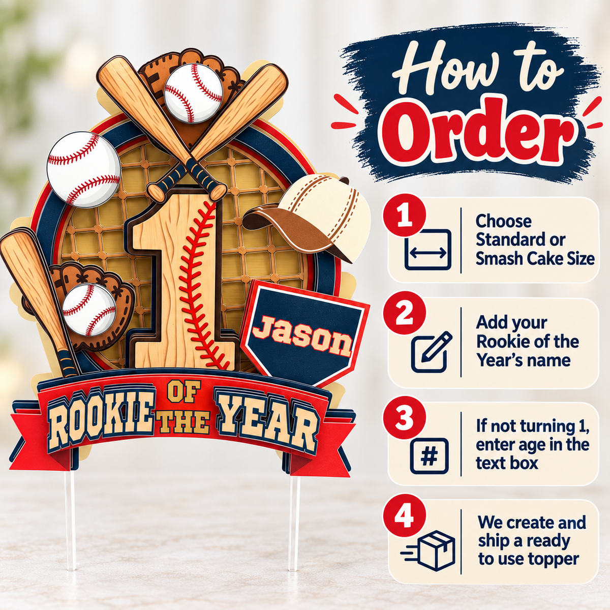 How to order Rookie of the Year baseball cake topper graphic with size selection, personalized name, age option and ready to use instructions