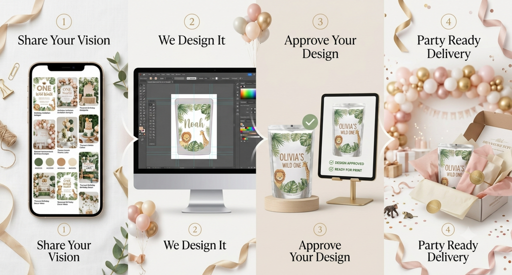 Custom party favor ordering process for personalized juice pouch labels showing design approval production process and party ready delivery.