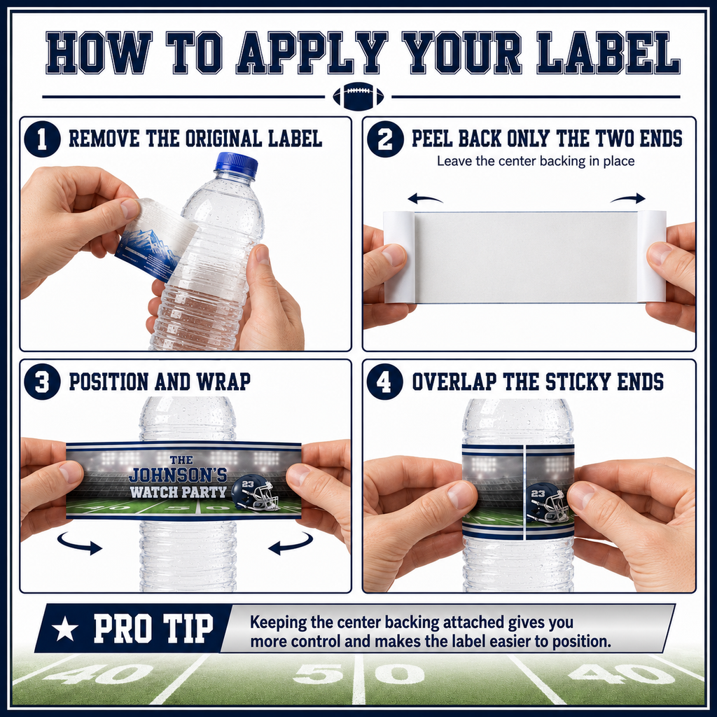 Four-step guide showing how to remove the original bottle label, expose only the adhesive ends, position the personalized football label and overlap the sticky ends.