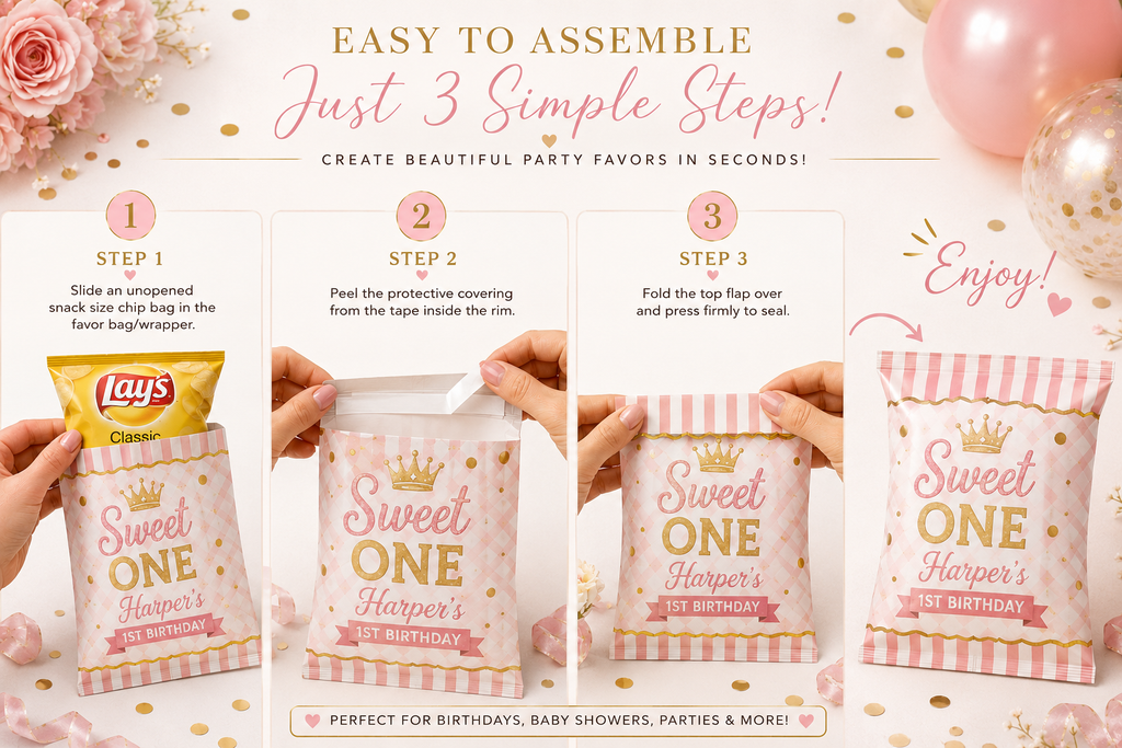 Create professional looking custom chip bag party favors in just 3 simple steps. This easy tutorial shows how to assemble DIY birthday chip bag wrappers using snack size chips, adhesive sealing strips, and personalized party favor bags. Perfect for birthday parties, baby showers, custom party favors, DIY party decor, handmade party supplies, and themed birthday celebrations. Ideal for moms planning parties, event decorators, and custom party businesses looking for easy favor assembly instructions.
