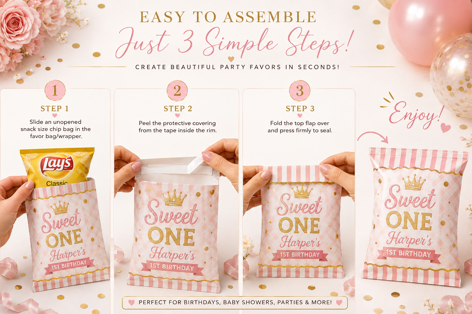 Create professional looking custom chip bag party favors in just 3 simple steps. This easy tutorial shows how to assemble DIY birthday chip bag wrappers using snack size chips, adhesive sealing strips, and personalized party favor bags. Perfect for birthday parties, baby showers, custom party favors, DIY party decor, handmade party supplies, and themed birthday celebrations. Ideal for moms planning parties, event decorators, and custom party businesses looking for easy favor assembly instructions.