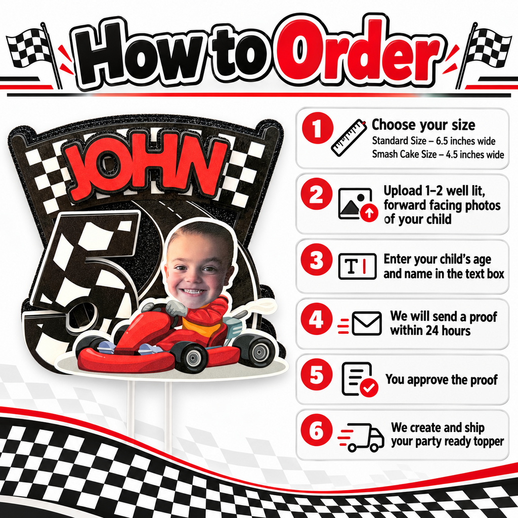 How to order a personalized racing birthday cake topper by choosing size uploading child photos entering name and age reviewing proof and approving before production