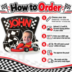 How to order a personalized racing birthday cake topper by choosing size uploading child photos entering name and age reviewing proof and approving before production
