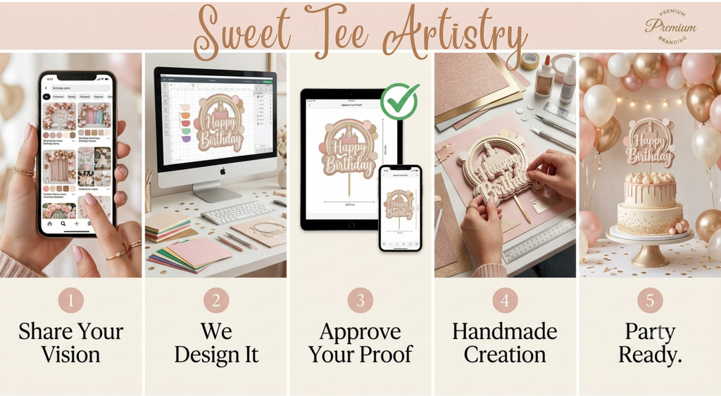 Step by step guide showing how to order a custom handmade layered cardstock cake topper from Sweet Tee Artistry including design consultation proof approval handmade production and party ready delivery