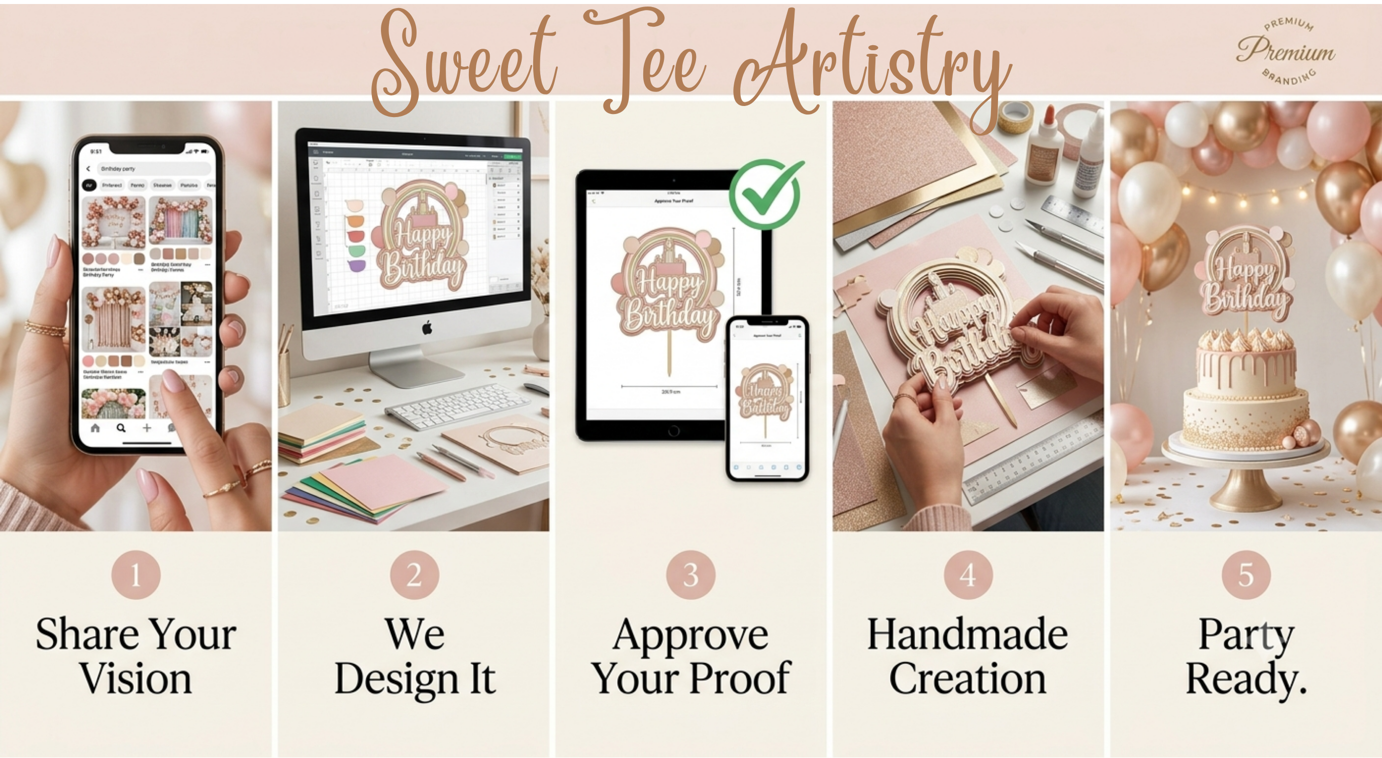 Step by step guide showing how to order a custom handmade layered cardstock cake topper from Sweet Tee Artistry including design consultation proof approval handmade production and party ready delivery