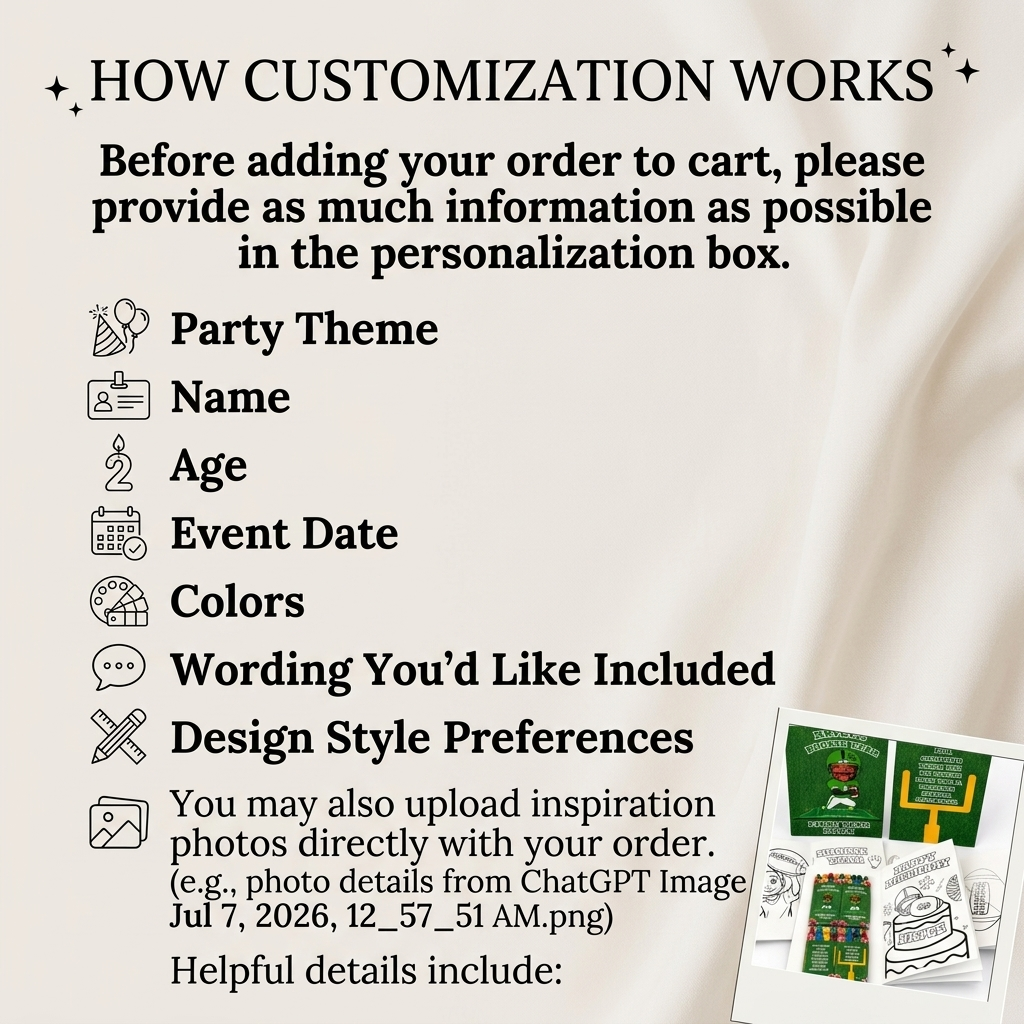 Customization guide showing how to personalize a custom birthday coloring book by providing party theme, name, age, event date, colors, wording, design preferences, and inspiration photos.