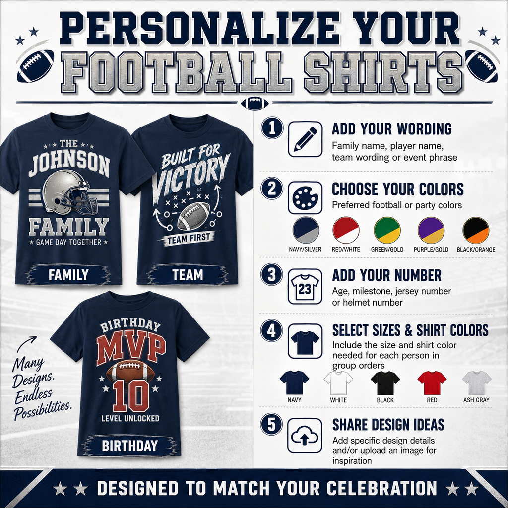 A promotional graphic for custom football shirts showing three navy shirt design examples with football-themed text ('Family', 'Team', 'Birthday'), plus numbered customization tips and color options.