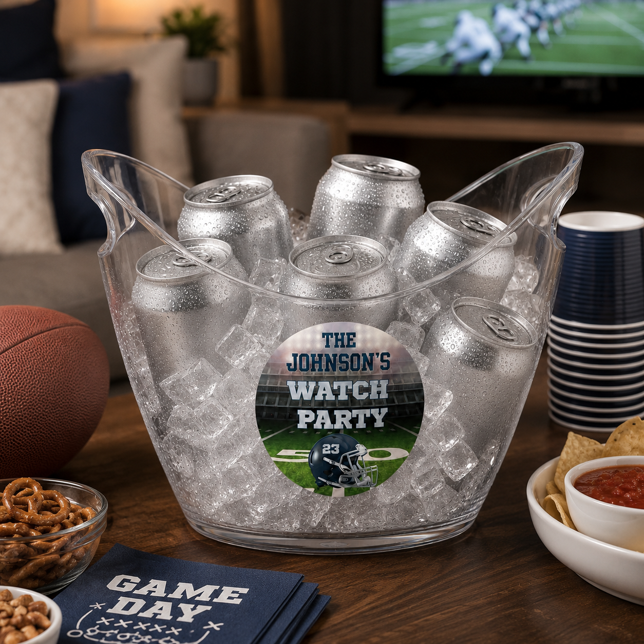 A clear plastic ice bucket filled with silver aluminum beverage cans, placed on a wooden table in a game-day setting with snacks, stacked cups, and a football in the background. A round custom sticker on the front reads 'THE JOHNSON'S WATCH PARTY' with a football helmet graphic.