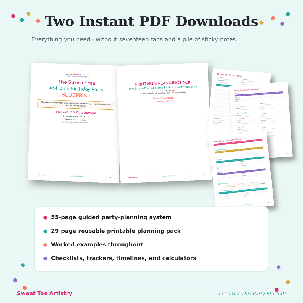 Preview actual pages from the guide and printable pack, including planning paths, party snapshots, budget tools, quantity calculators, party-flow worksheets, and the Final Party Command Sheet.