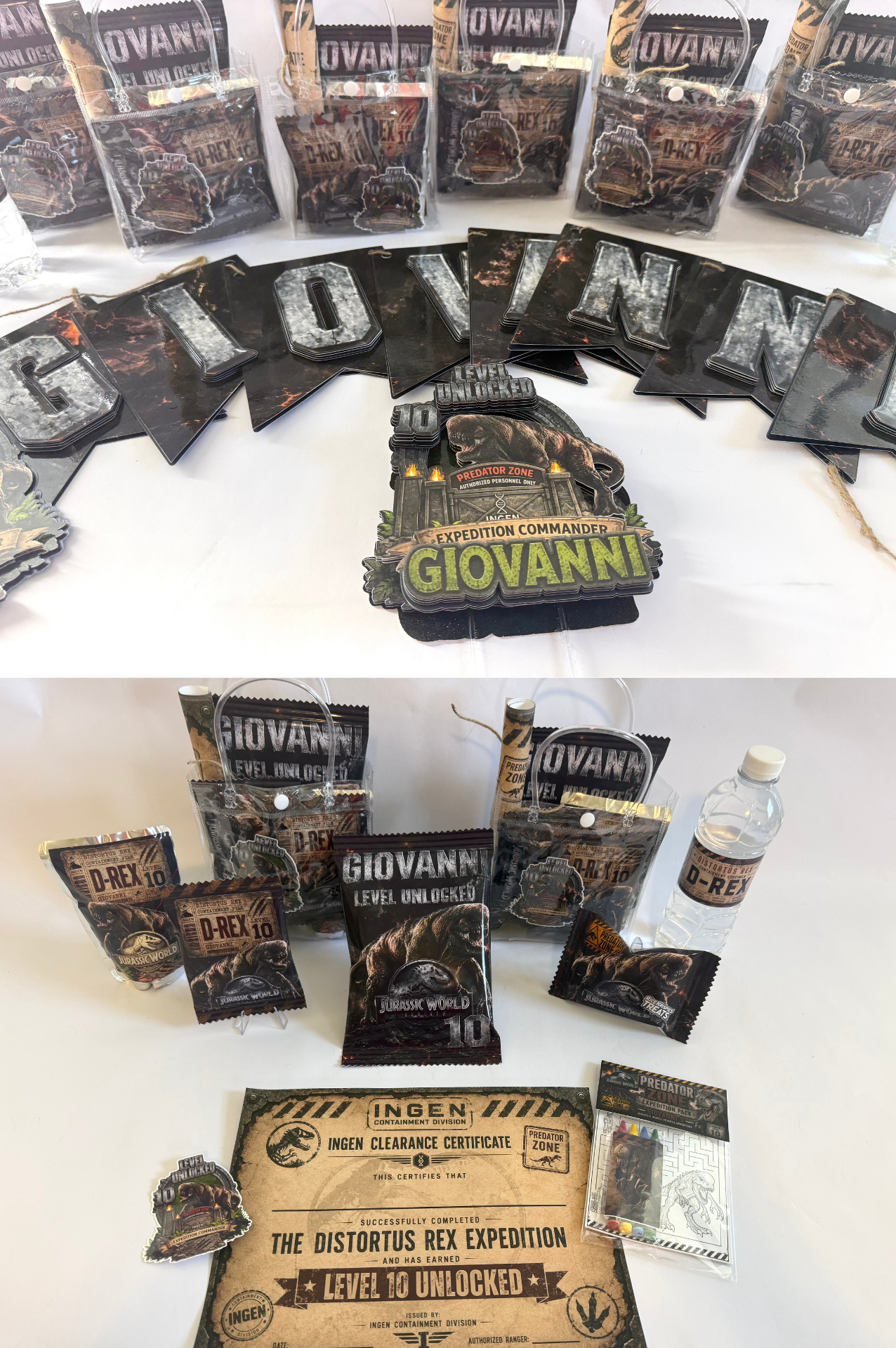 A collage showing a tabletop display of a themed game or kit labeled 'GIOVANNI' and 'INGEN'. Visible items include a 3D layered Banner, Cake topper, and goodie favor bags filled with an activity pack, chip bag, Rice Krispie Treat, Fruit Snacks, a Capri Sun, and Water Bottle as well as a Certificate of completion of the Distortus Rex Expedition. 