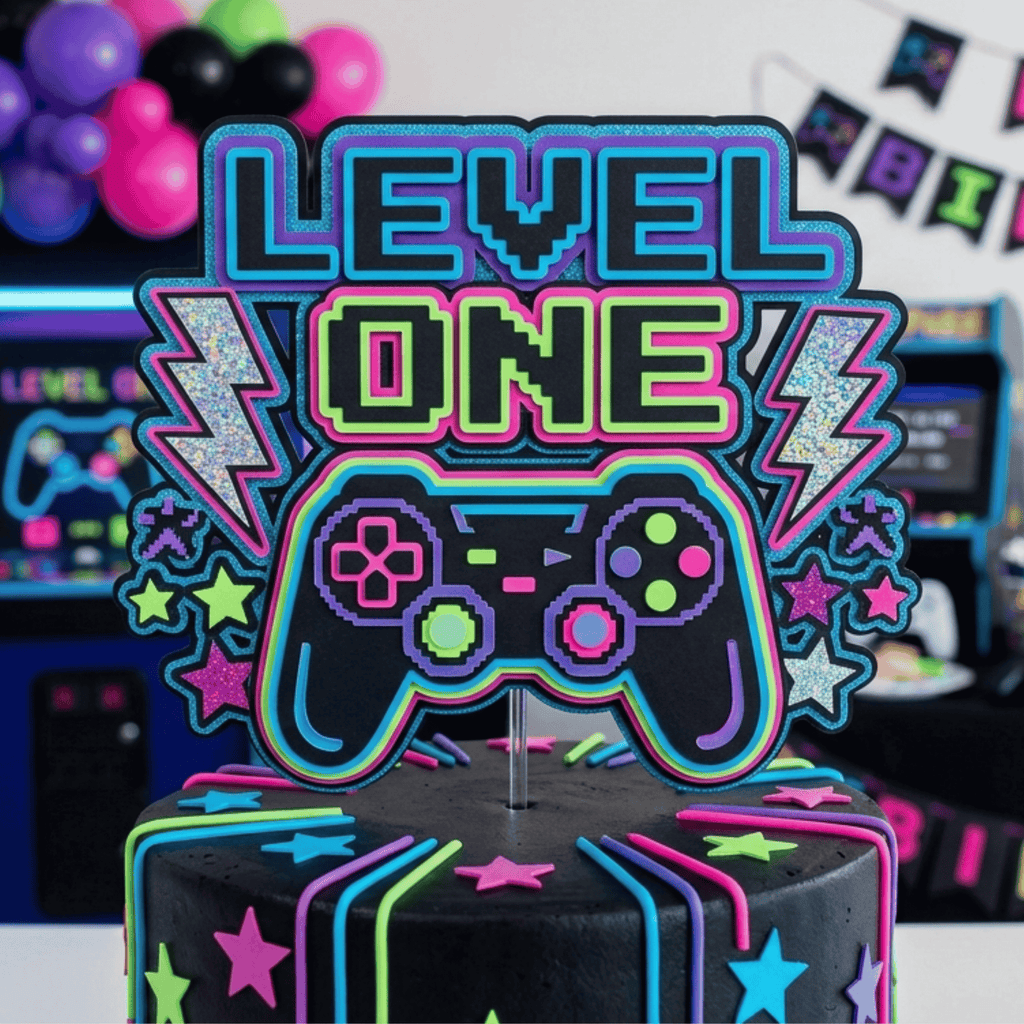 Video game themed first birthday cake topper featuring neon controller pixel style lettering stars and bright layered cardstock handmade gaming birthday decoration