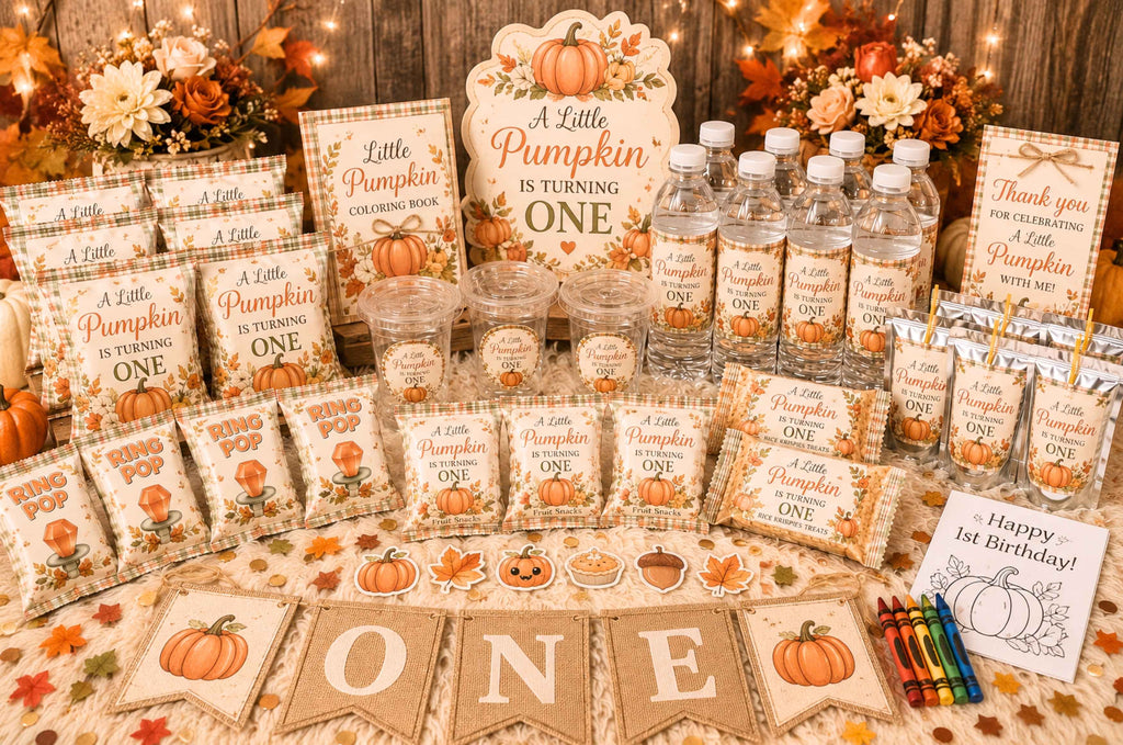 Custom little pumpkin first birthday party favor bundle featuring personalized pumpkin themed chip bags, water bottle labels, juice pouch labels, rice krispie treat wrappers, ring pop wrappers, custom cups, stickers, birthday banner, custom cake topper, cupcake toppers, coloring books, fall birthday decorations, pumpkin first birthday party supplies, autumn themed party favors, and personalized custom party favor bundle for first birthday celebrations