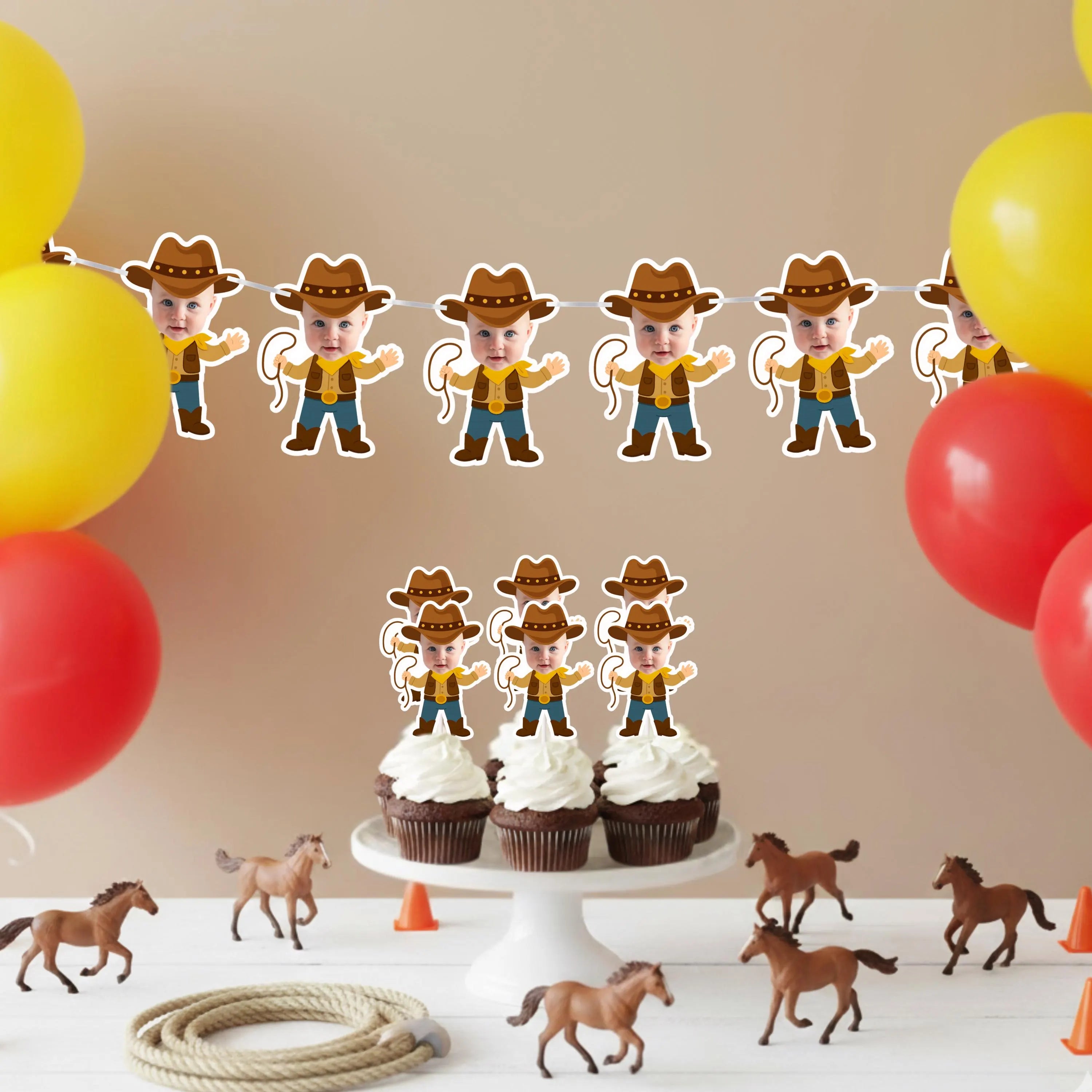 Cowboy-themed birthday party decorations with wild west cowboy banner with child's face, balloons, cowboy hats, and horse figurines.