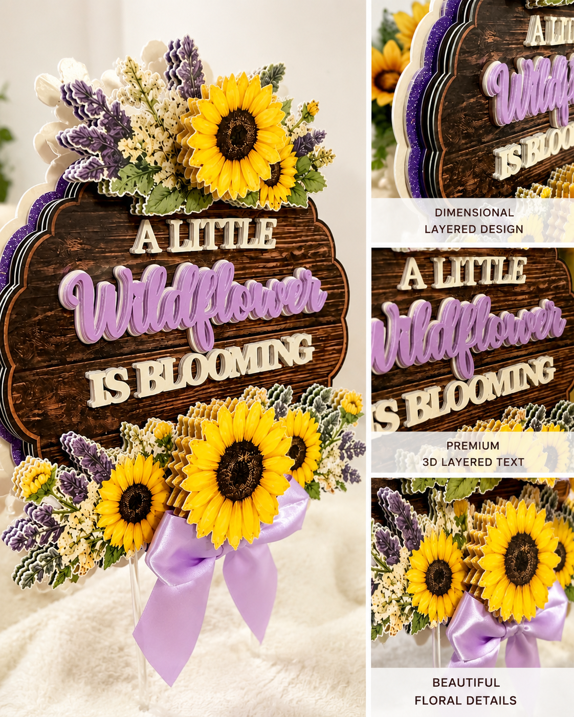 Handmade 3D layered baby shower cake topper featuring sunflower floral accents, lavender wildflowers, rustic wood grain design, dimensional lettering, premium cardstock layers, and luxury custom baby shower party decoration.