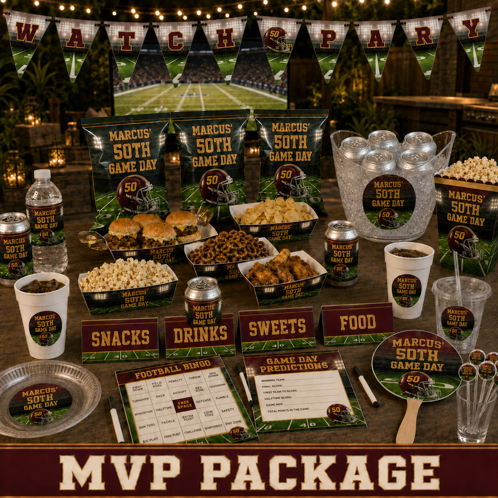 Burgundy and gold MVP football birthday party for Marcus 50th Game Day with custom favors, snack trays, cups, plates, banner, ice bucket, games and rally fan.