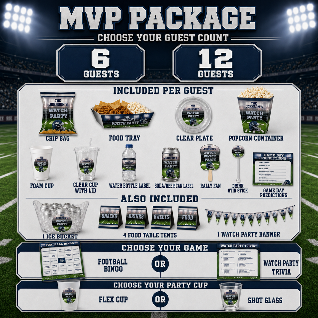 MVP football party package for 6 or 12 guests with custom favors, both drink labels, foam and clear cups, rally fan, stir stick, banner, ice bucket and football games.