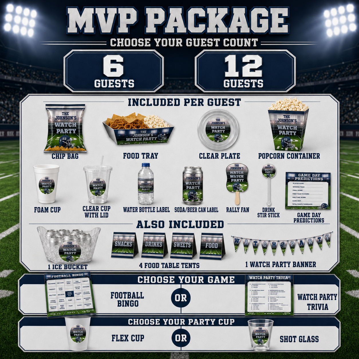 MVP football party package for 6 or 12 guests with custom favors, both drink labels, foam and clear cups, rally fan, stir stick, banner, ice bucket and football games.