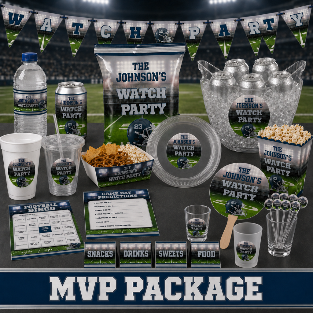 MVP football watch party package display with personalized chip bag, food tray, popcorn container, cups, drink labels, ice bucket, banner, rally fan, stir sticks and games.
