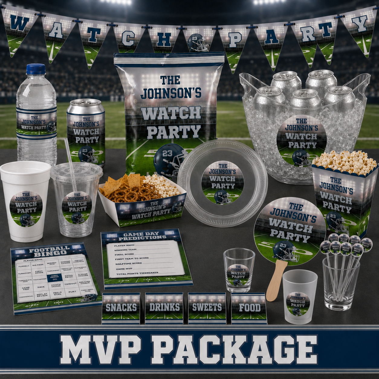 MVP football watch party package display with personalized chip bag, food tray, popcorn container, cups, drink labels, ice bucket, banner, rally fan, stir sticks and games.