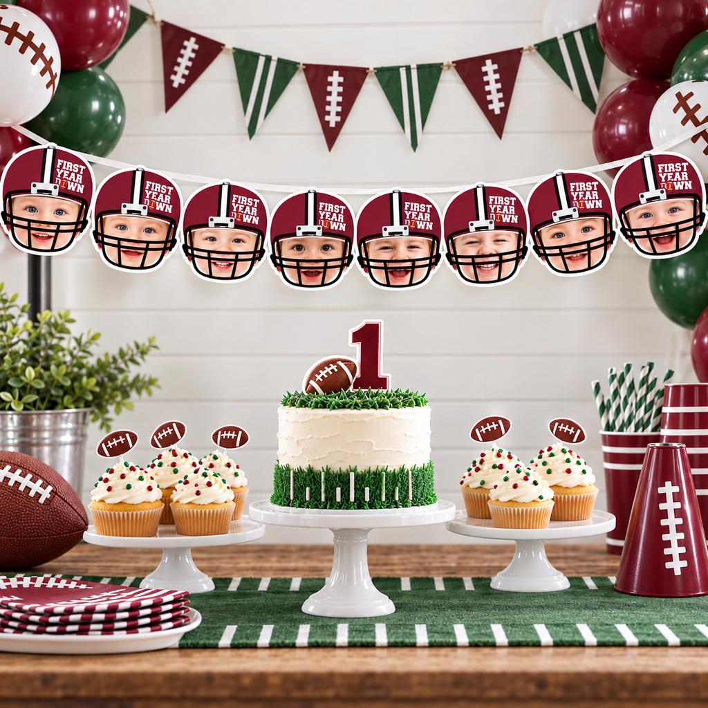 Personalized First Year Down football photo banner featuring child faces in maroon football helmets displayed above a football first birthday cake and dessert table